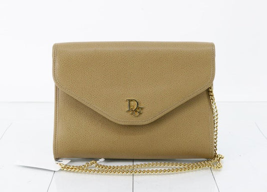 Christian Dior Vintage Leather Chain Shoulder Bag Beige With Gold Hardware